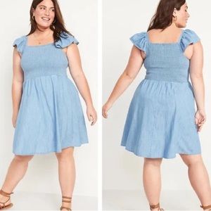 Old Navy Flutter-Sleeve Fit & Flare Smocked Chambray Mini Dress Size 3x